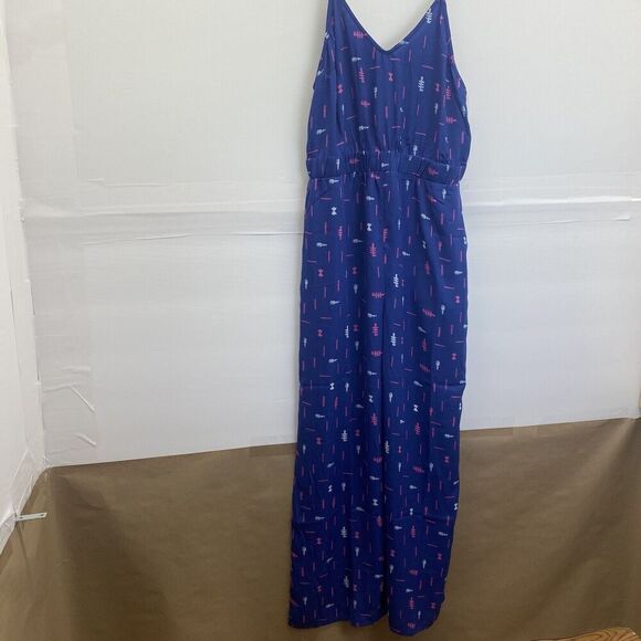 Romper Womens Size L Blue Floral elastic‎ waist Backless Jumpsuit Pockets Used - Picture 4 of 16